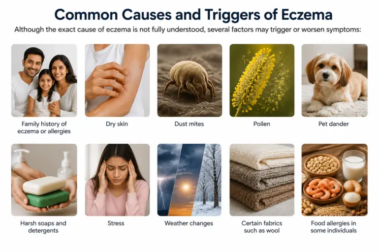 Common causes and triggers of eczema including dry skin, dust mites, pollen, pet dander, stress and food allergies