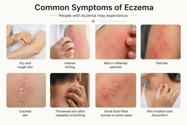Common symptoms of eczema including dry skin, itching, redness, patches and cracked skin
