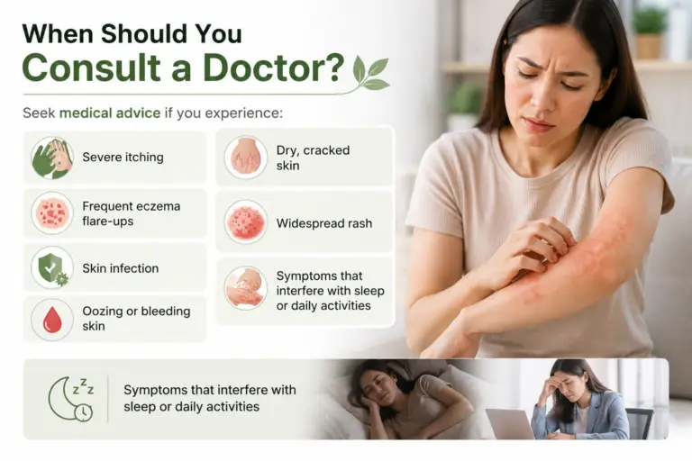 When to consult a doctor for eczema symptoms including severe itching, skin infection, widespread rash and eczema flare-ups