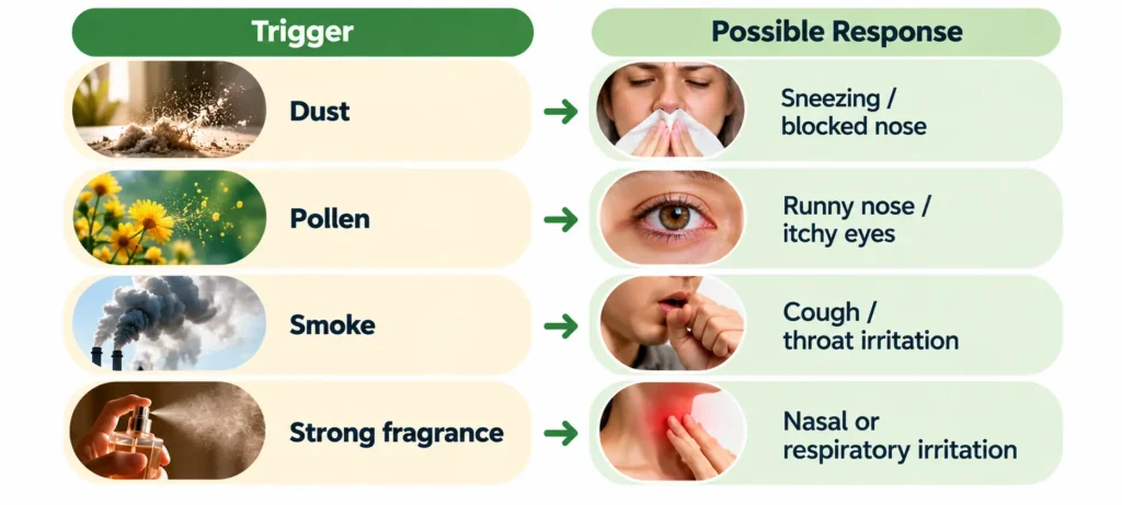 Common allergy and respiratory triggers with possible responses including dust, pollen, smoke and strong fragrance
