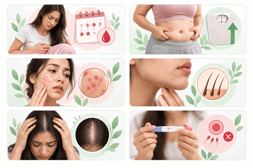 Common PCOS symptoms including irregular periods, weight changes, acne, excess hair growth, hair thinning and fertility concerns
