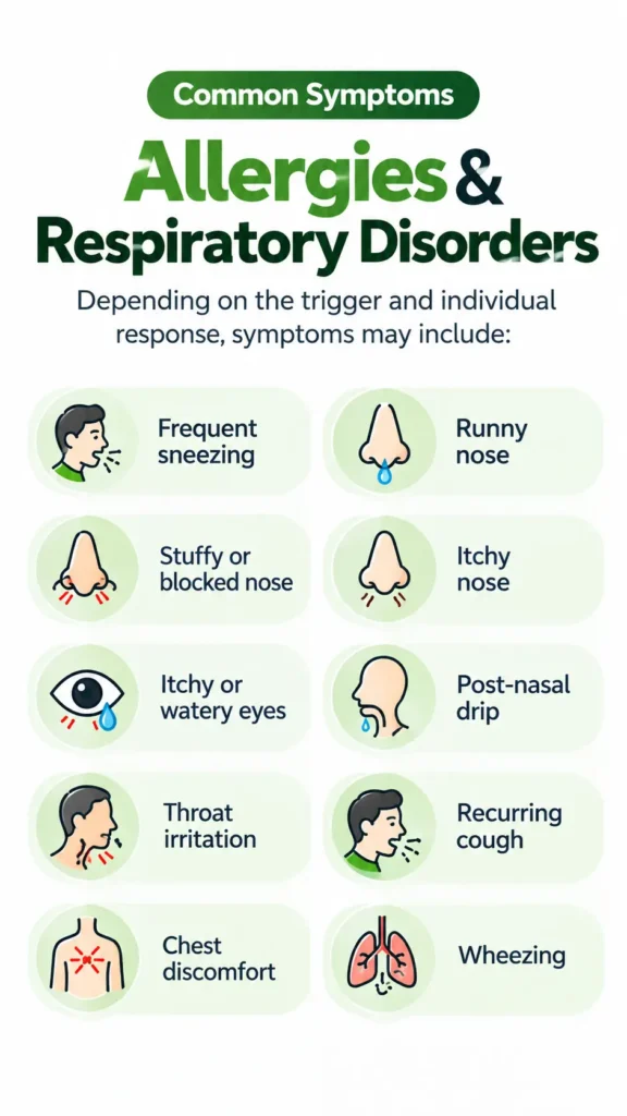 Common symptoms of allergies and respiratory disorders including sneezing, runny nose, blocked nose, itchy eyes, cough and wheezing