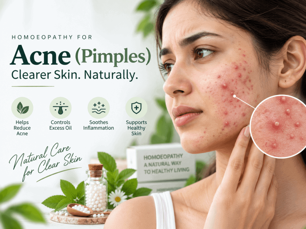 Homeopathy for acne and pimples with a woman showing facial acne