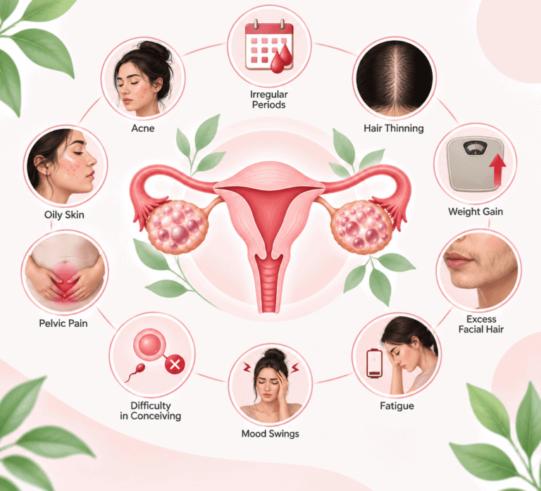 What is PCOS and its common symptoms including irregular periods, acne, hair thinning, weight changes and excess facial hair