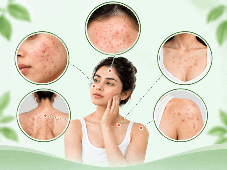 Acne and pimples commonly affecting the face, forehead, chest, upper back and